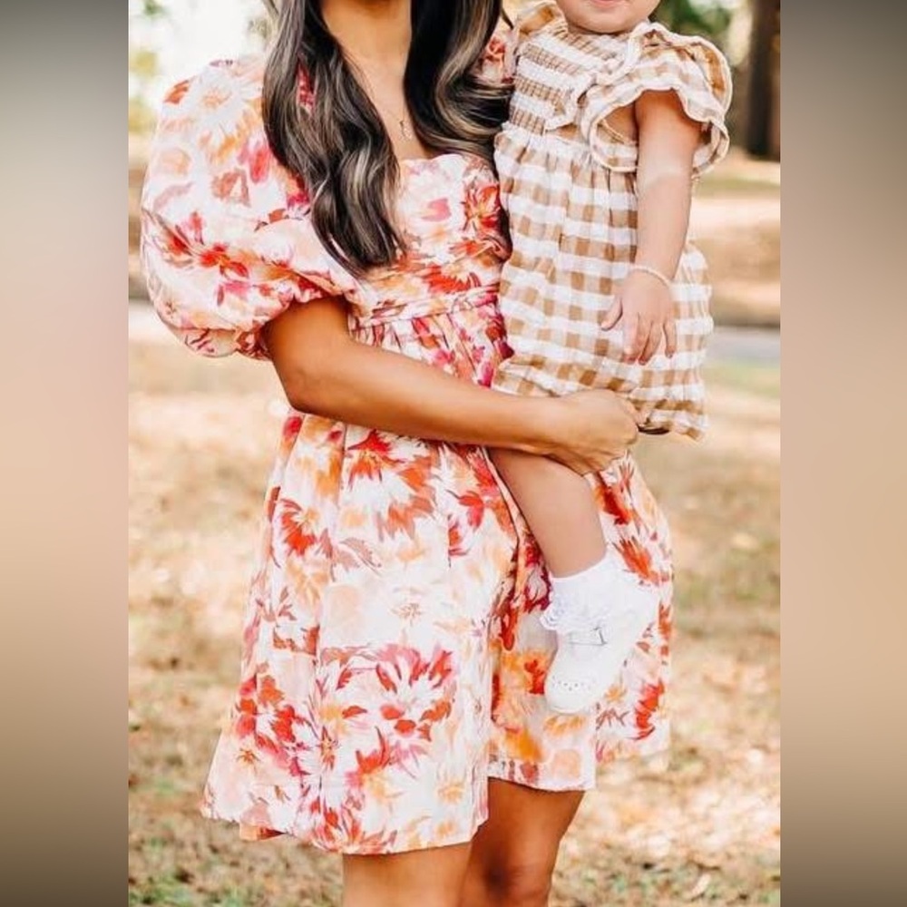 Abercrombie & Fitch Floral Puff Sleeve Dress - Pink and Orange